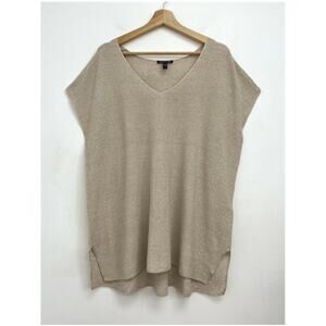 Eileen Fisher Organic Linen Blend Coastal Neutral V-Neck Cap Sleeve Tunic Large